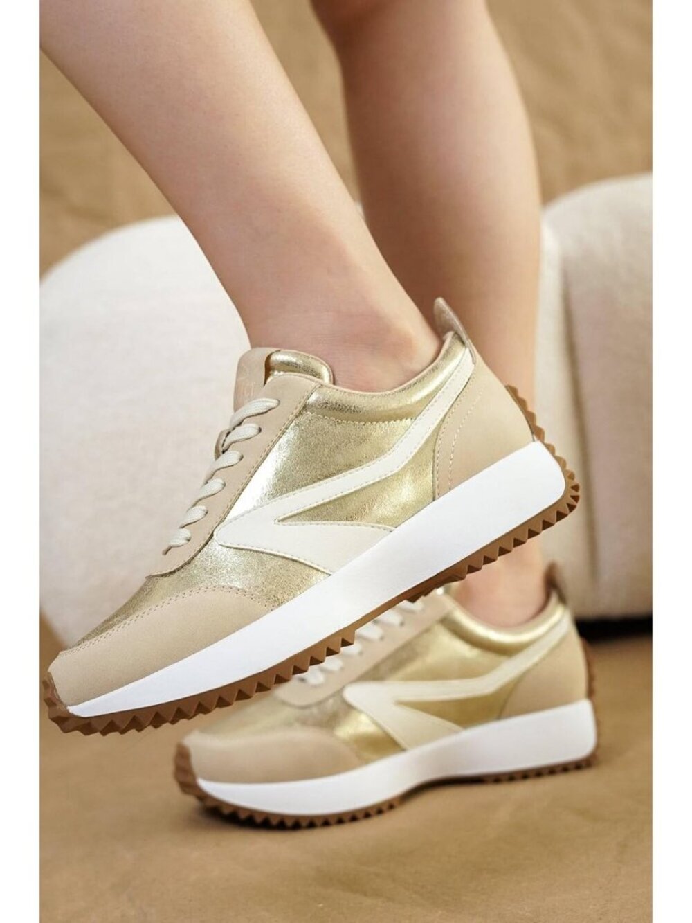 Women's Balinda-gold Faux Suede Rubber Sole Lace Up Non-Slip Fashion Sneakers - Picture 2 of 3